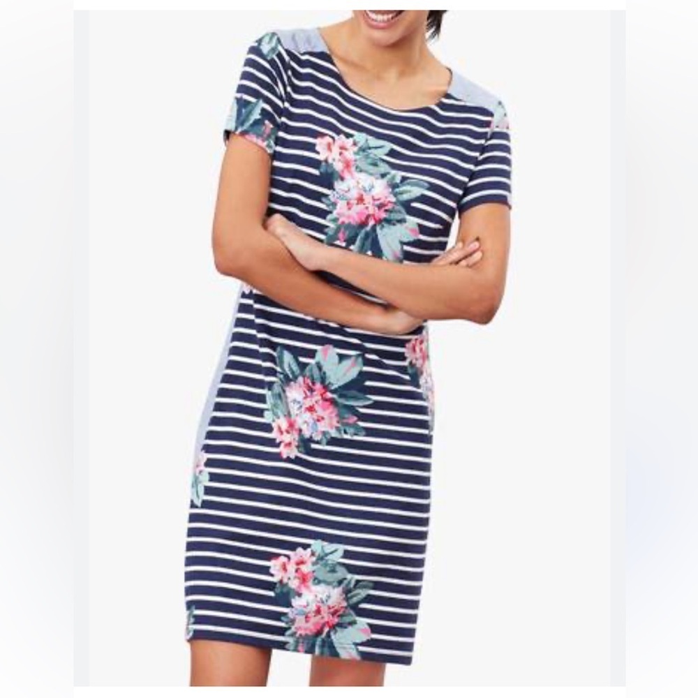 Joules casual dress striped / floral / plain back cotton linen blend blue wht 12